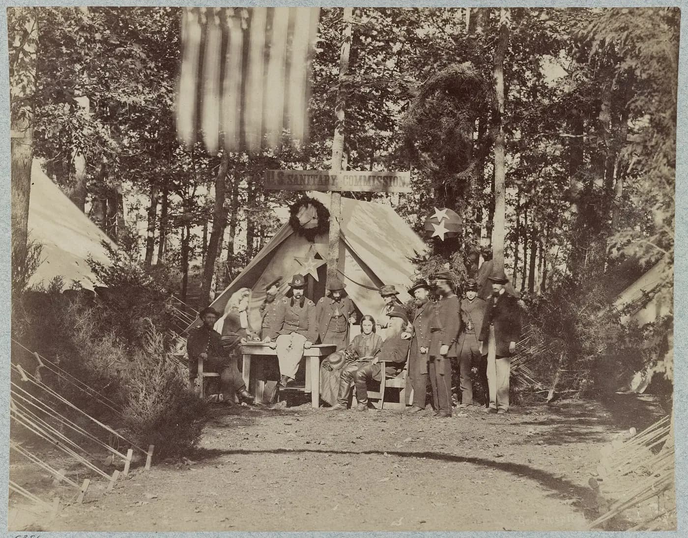 US Sanitary Commission workers outside their tent at the Camp Letterman hospital, Gettysburg, August 1863