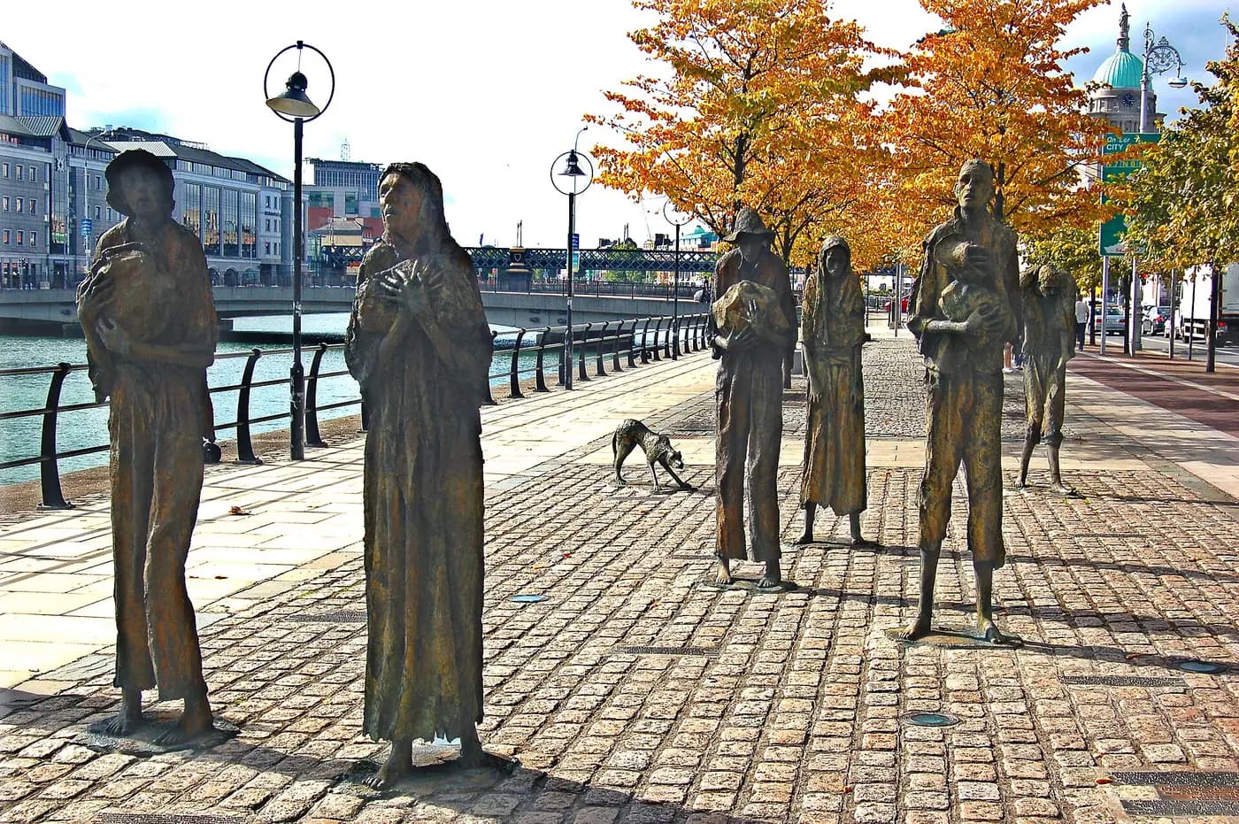 The bronze Famine Memorial figures on Custom House Quay in Dublin