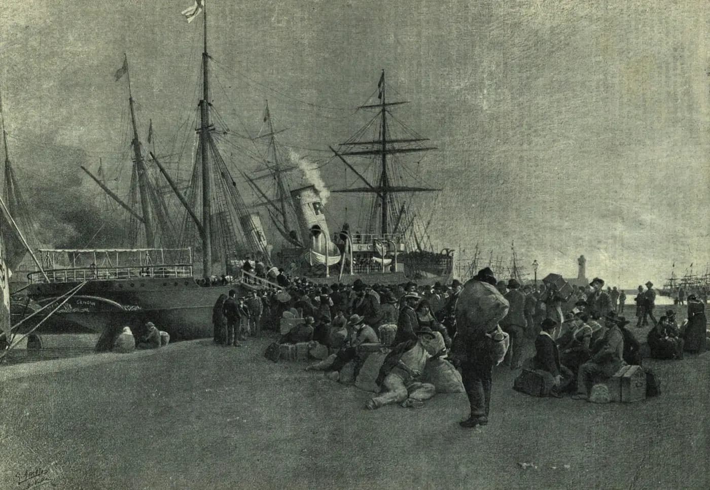 Drawing from 1884: emigrants with their bundles crowd a Genoa quay to board the steamer Scrivia