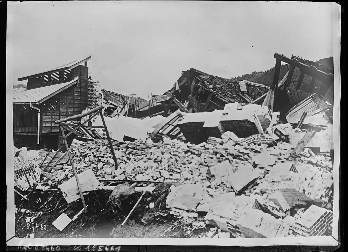 Collapsed wooden houses and heaped rubble in Tokyo after the earthquake of 1 September 1923