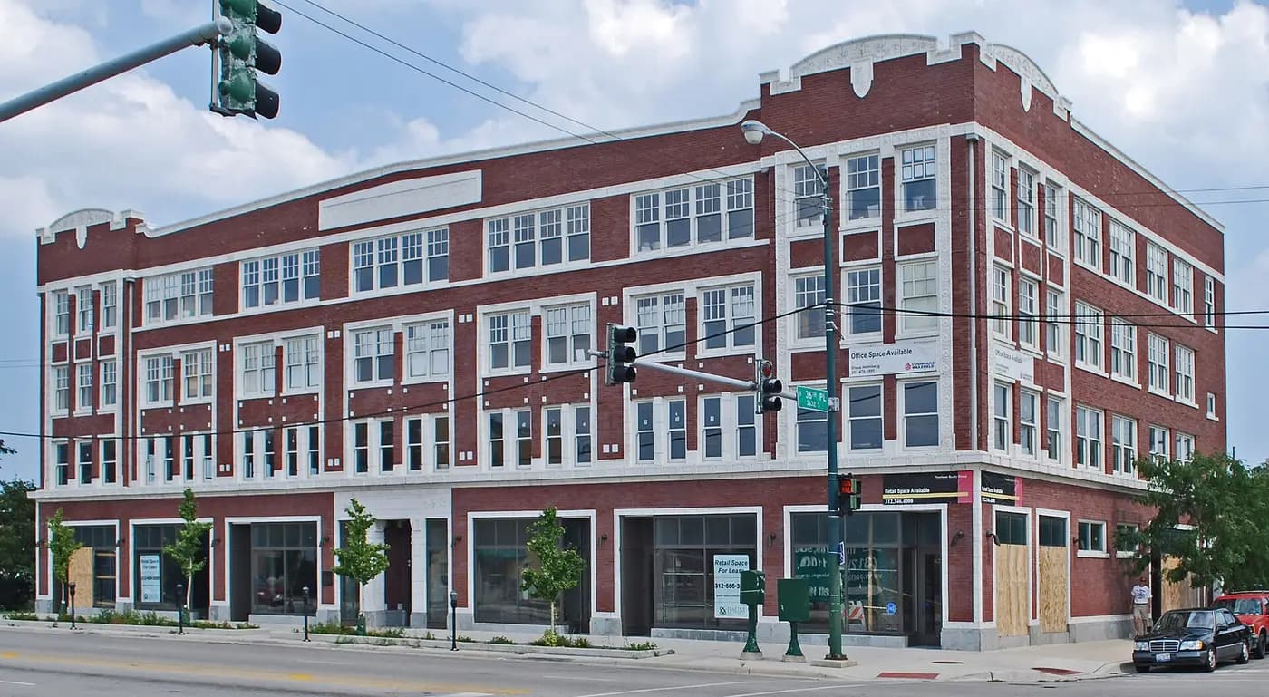 The brick Overton Hygienic Building on State Street, home of a Black-owned business in 1920s Bronzeville