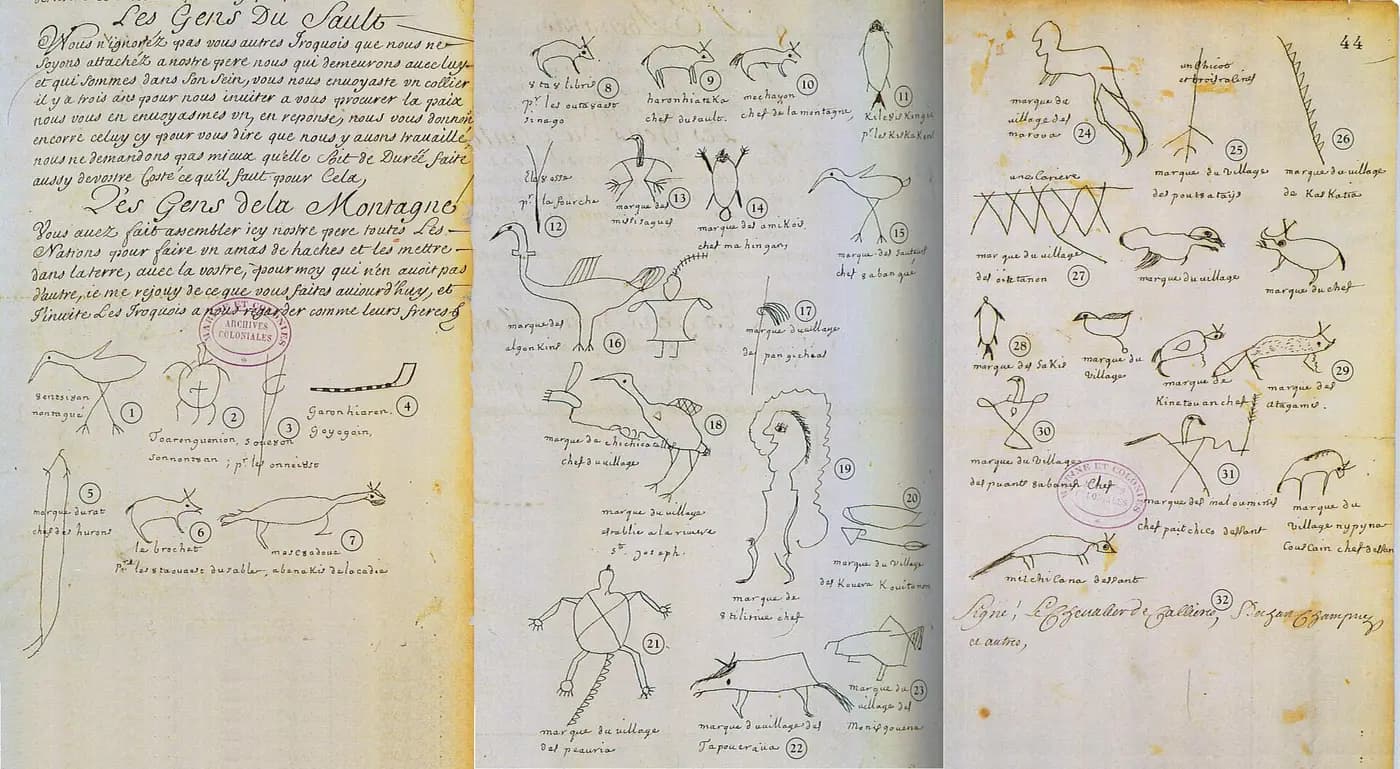 Pages of the 1701 Great Peace of Montreal bearing the pictographic marks of First Nations delegates