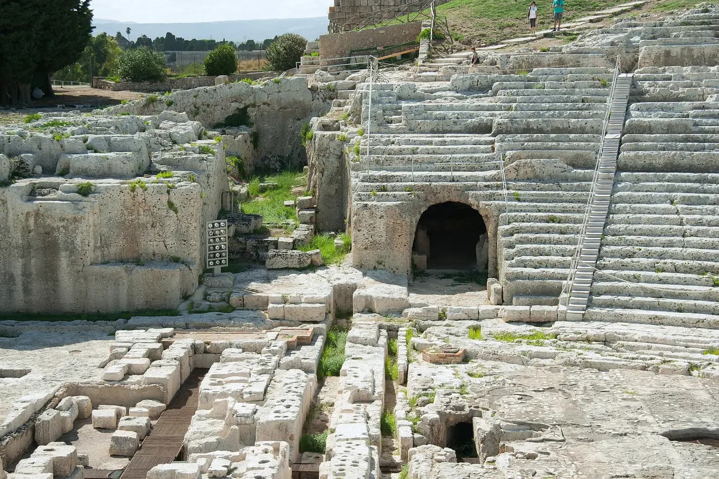 Stone seating of the Greek theatre of Syracuse, cut into the hillside of the Neapolis park