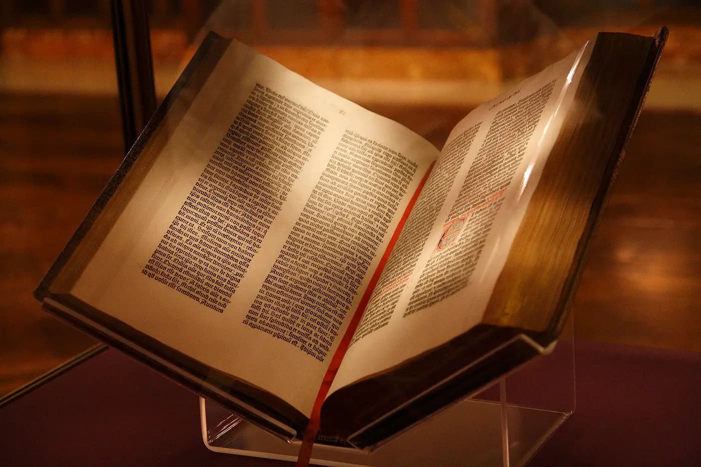 A Gutenberg Bible on display, printed in Mainz with movable metal type