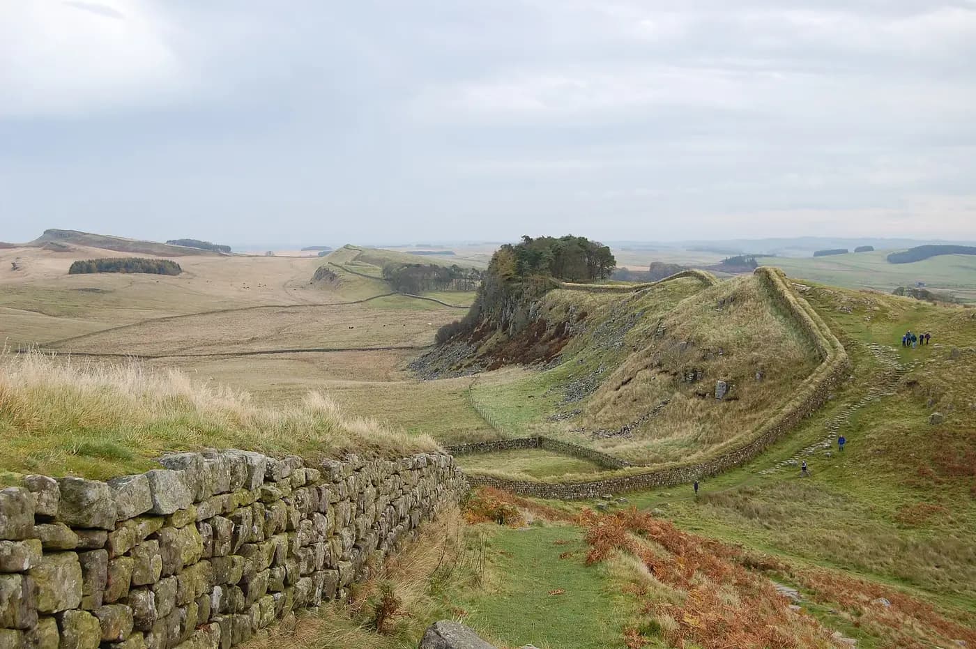 Hadrian's Wall running along a ridge of crags west of Housesteads