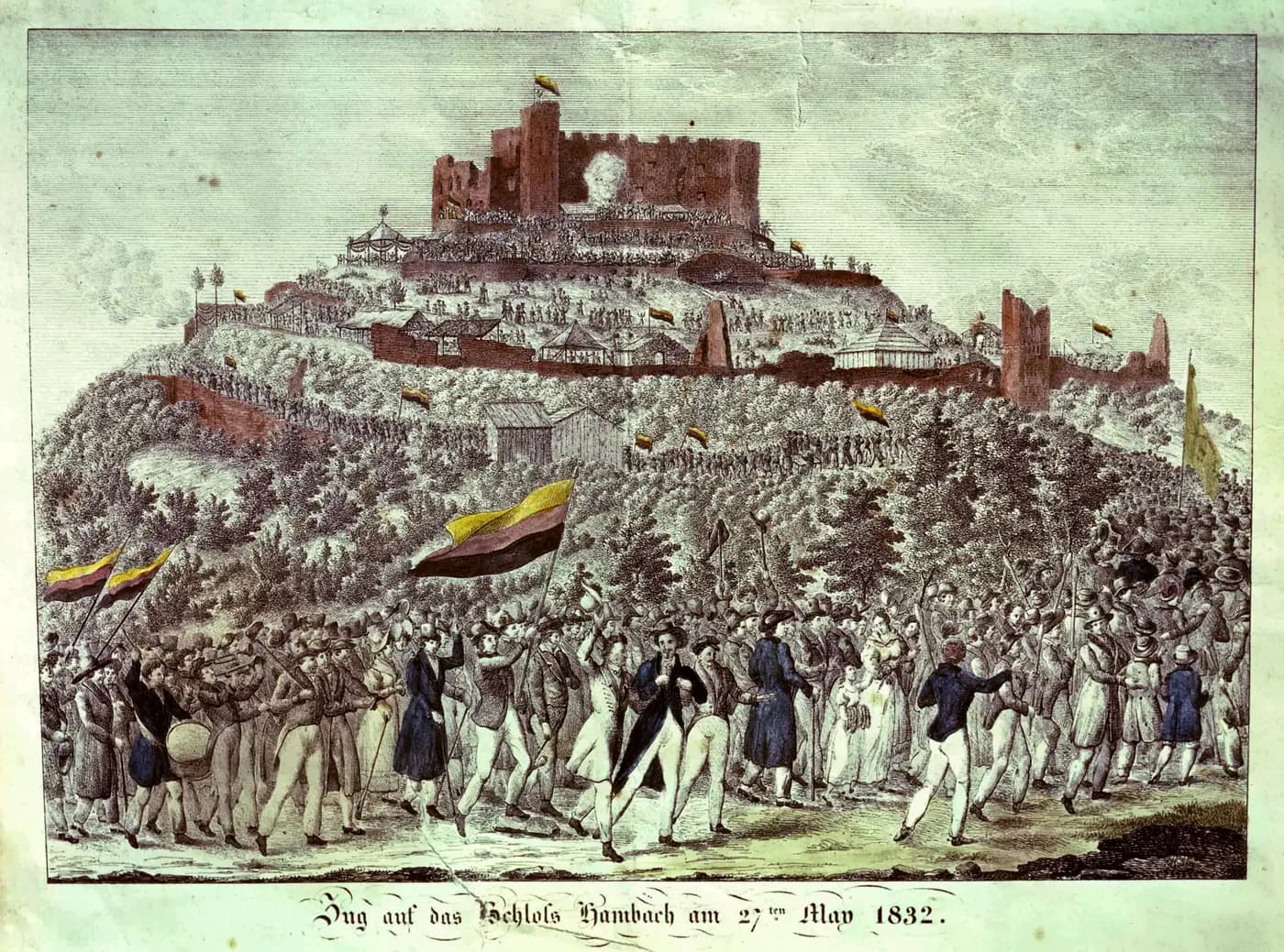 Partly coloured 1832 drawing of crowds with banners marching up to Hambach Castle on 27 May