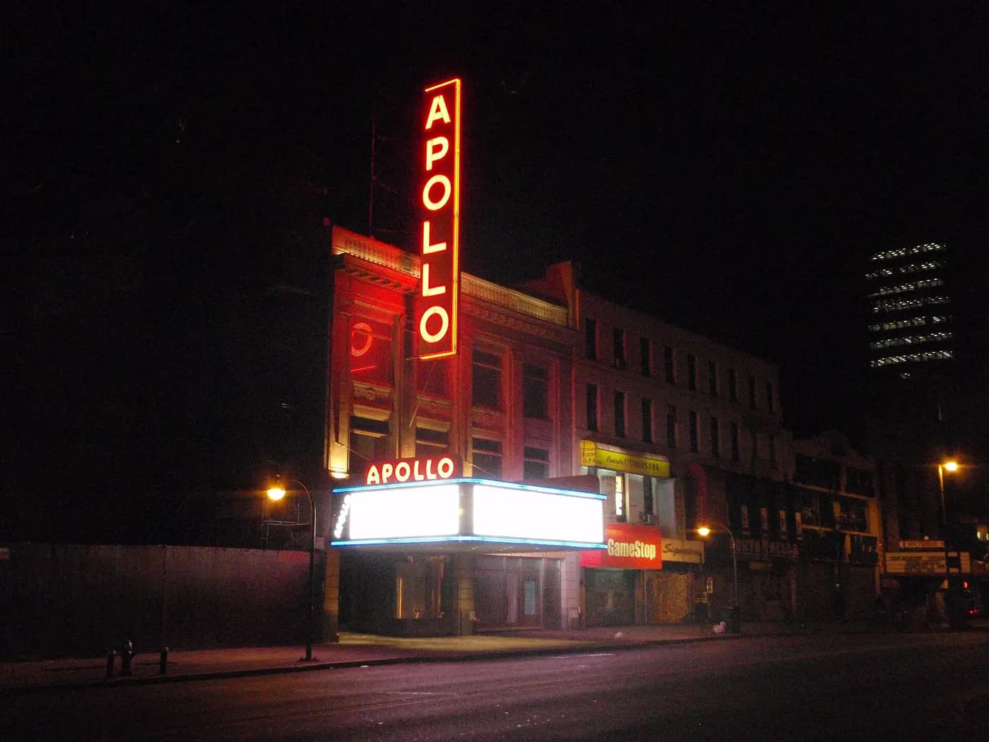 The Apollo Theater's marquee and vertical sign on 125th Street in Harlem