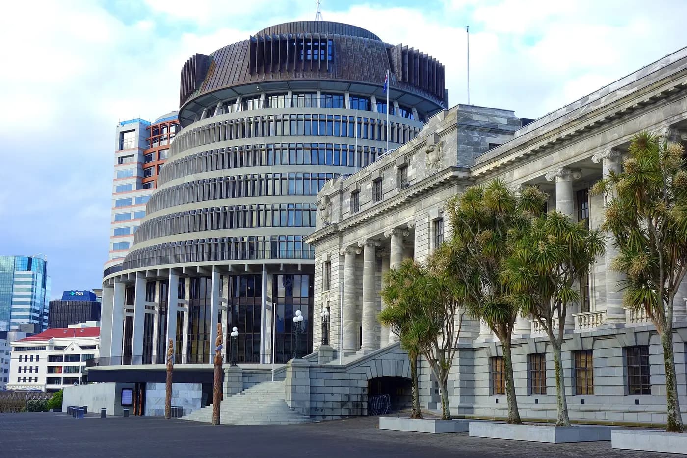 The round Beehive and the classical Parliament House side by side in Wellington