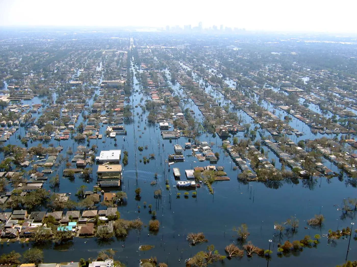 Aerial view of New Orleans streets and houses under floodwater after Hurricane Katrina, September 2005