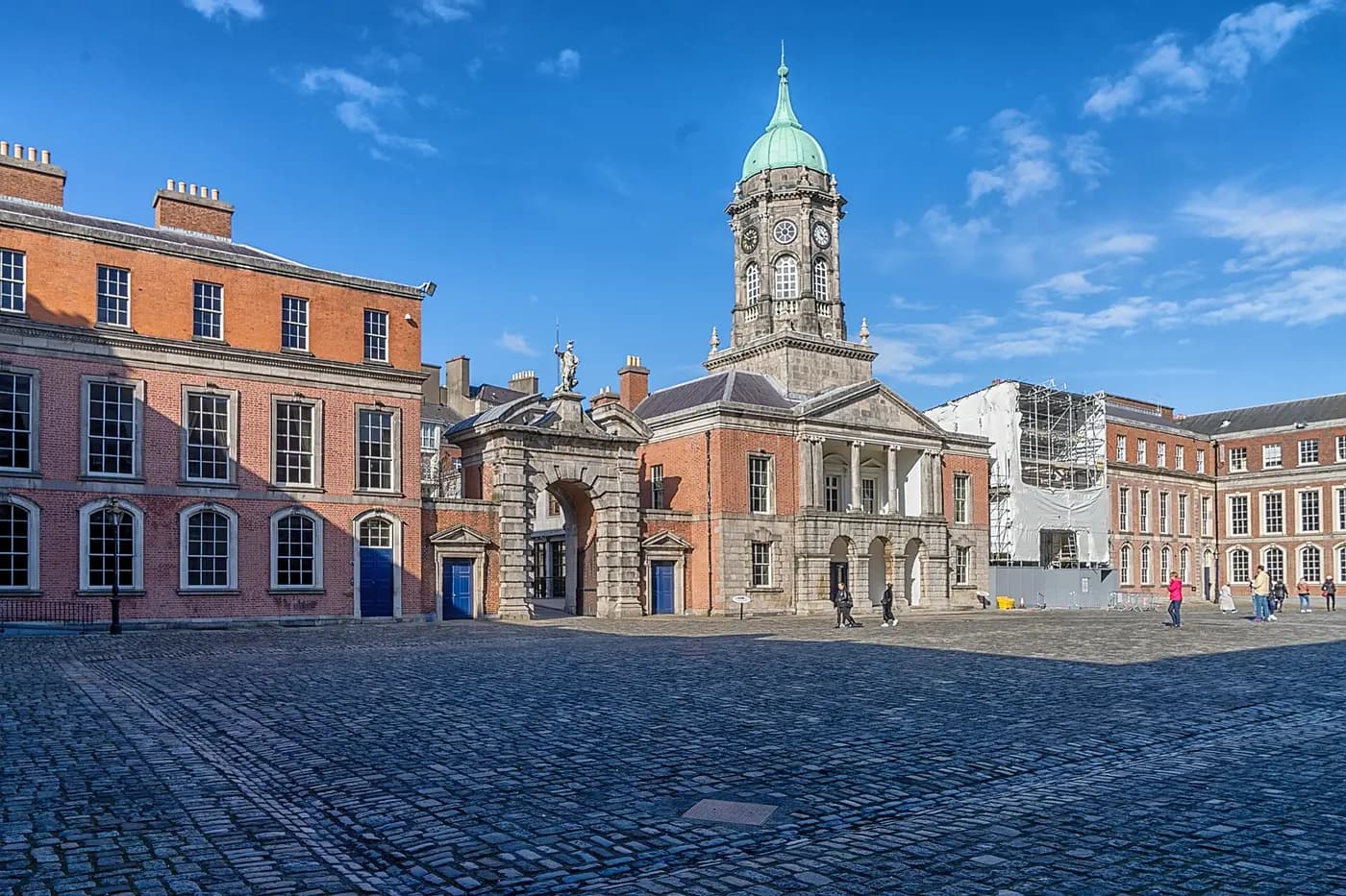 The cobbled Upper Castle Yard of Dublin Castle, with the Bedford Tower and its green copper cupola