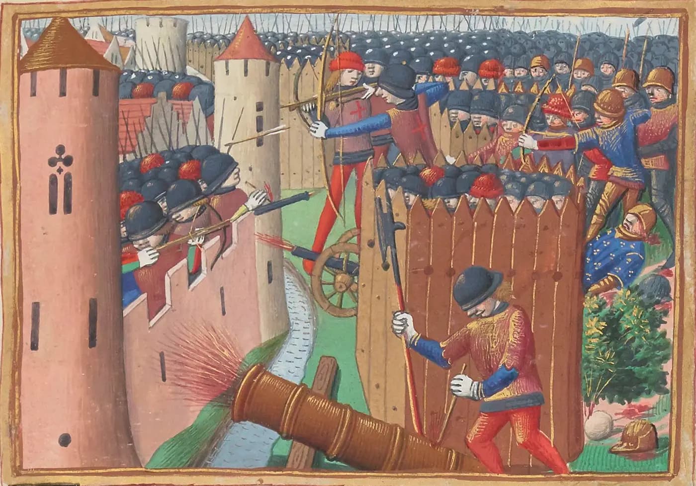 Fifteenth-century miniature of the siege of Orléans: soldiers with cannon and crossbows attack a fortified bastion