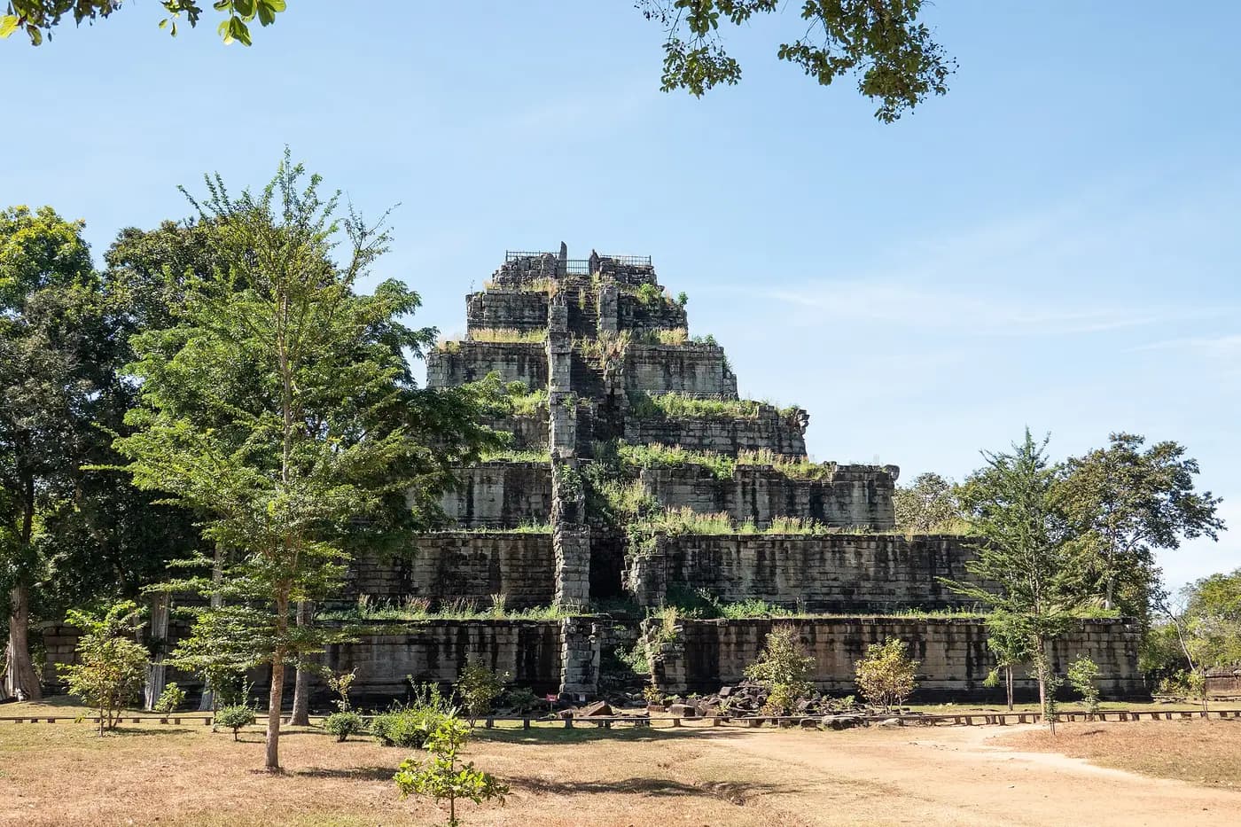 The seven-tiered stone pyramid, the Prang, rising above the trees at Koh Ker in northern Cambodia