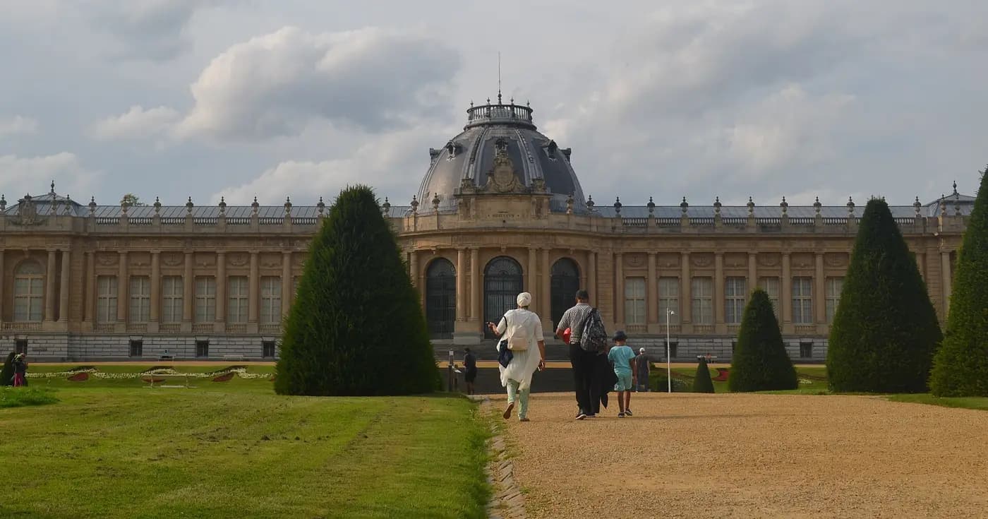 The domed main building of the AfricaMuseum in Tervuren, Leopold II's colonial museum, seen across its formal gardens