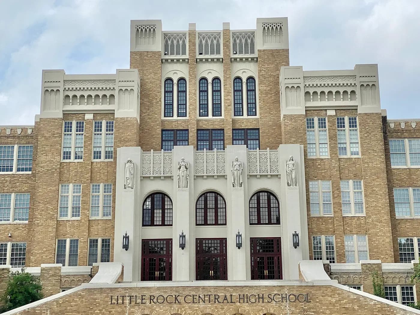 The tall arched main entrance of Little Rock Central High School in Arkansas