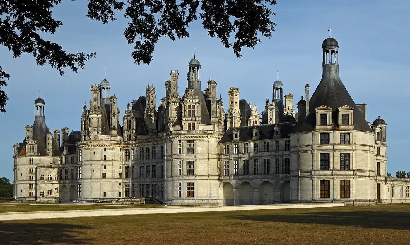 The Château de Chambord, its round towers crowned by a skyline of chimneys, lanterns and turrets