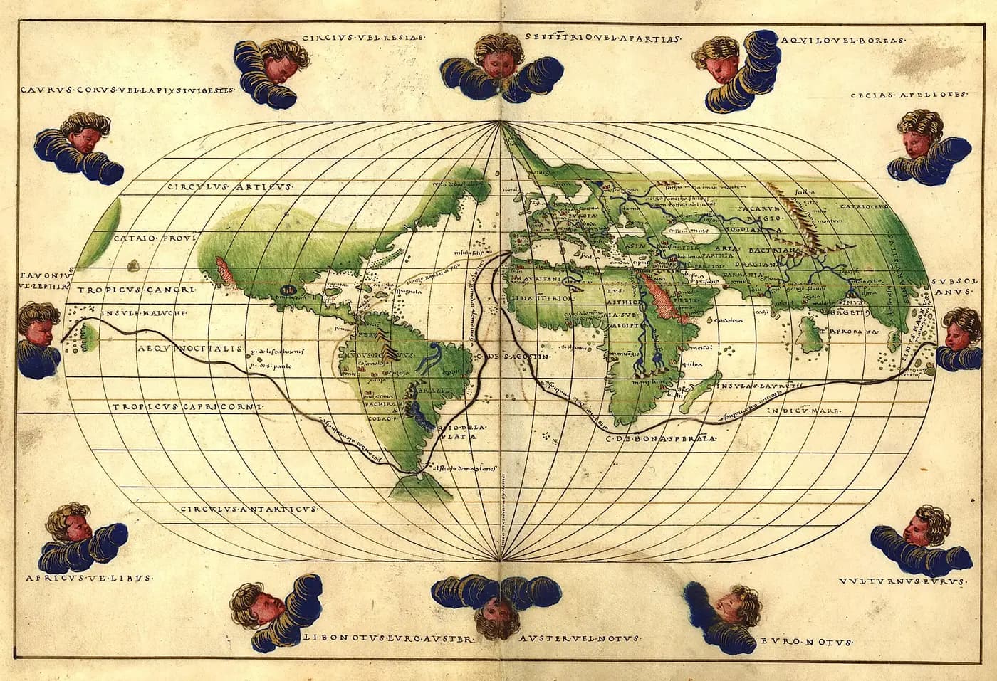 Battista Agnese's 1544 world map, tracing the route of Magellan's voyage around the globe