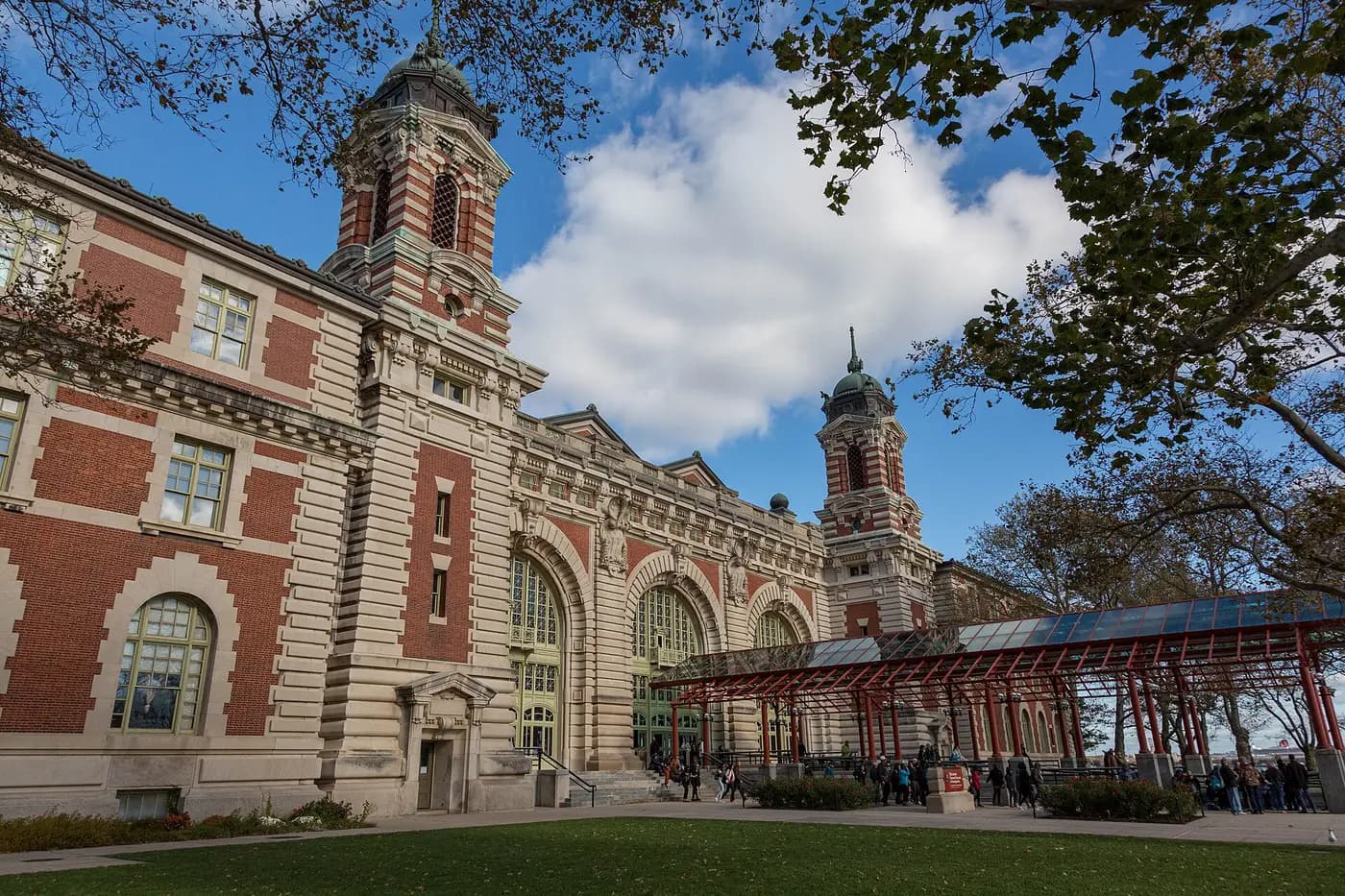 The red-brick main building of the Ellis Island immigration station in New York Harbor
