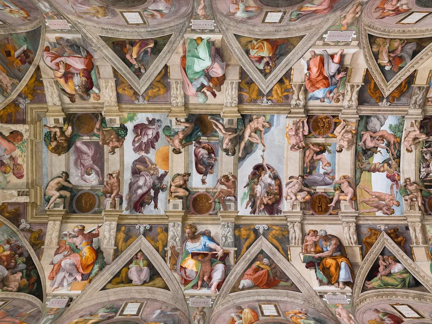 Part of Michelangelo's Sistine Chapel ceiling, with prophets, sibyls and scenes from Genesis