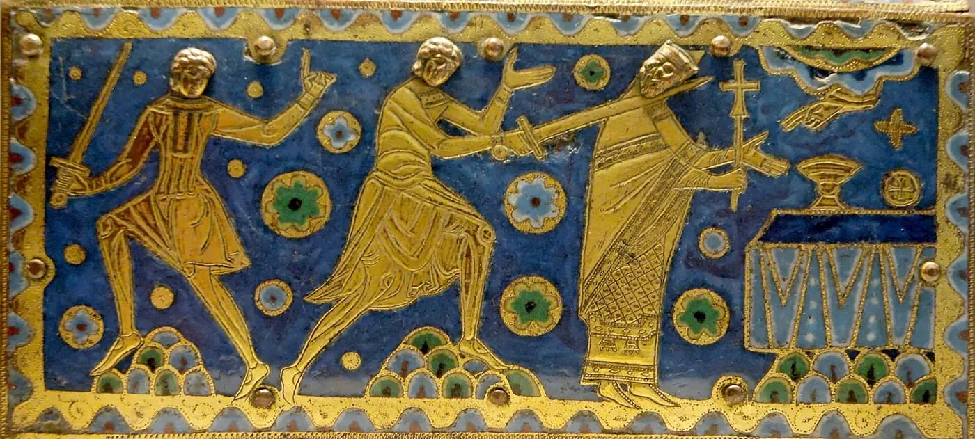 Twelfth-century Limoges enamel showing knights attacking Archbishop Thomas Becket at the altar