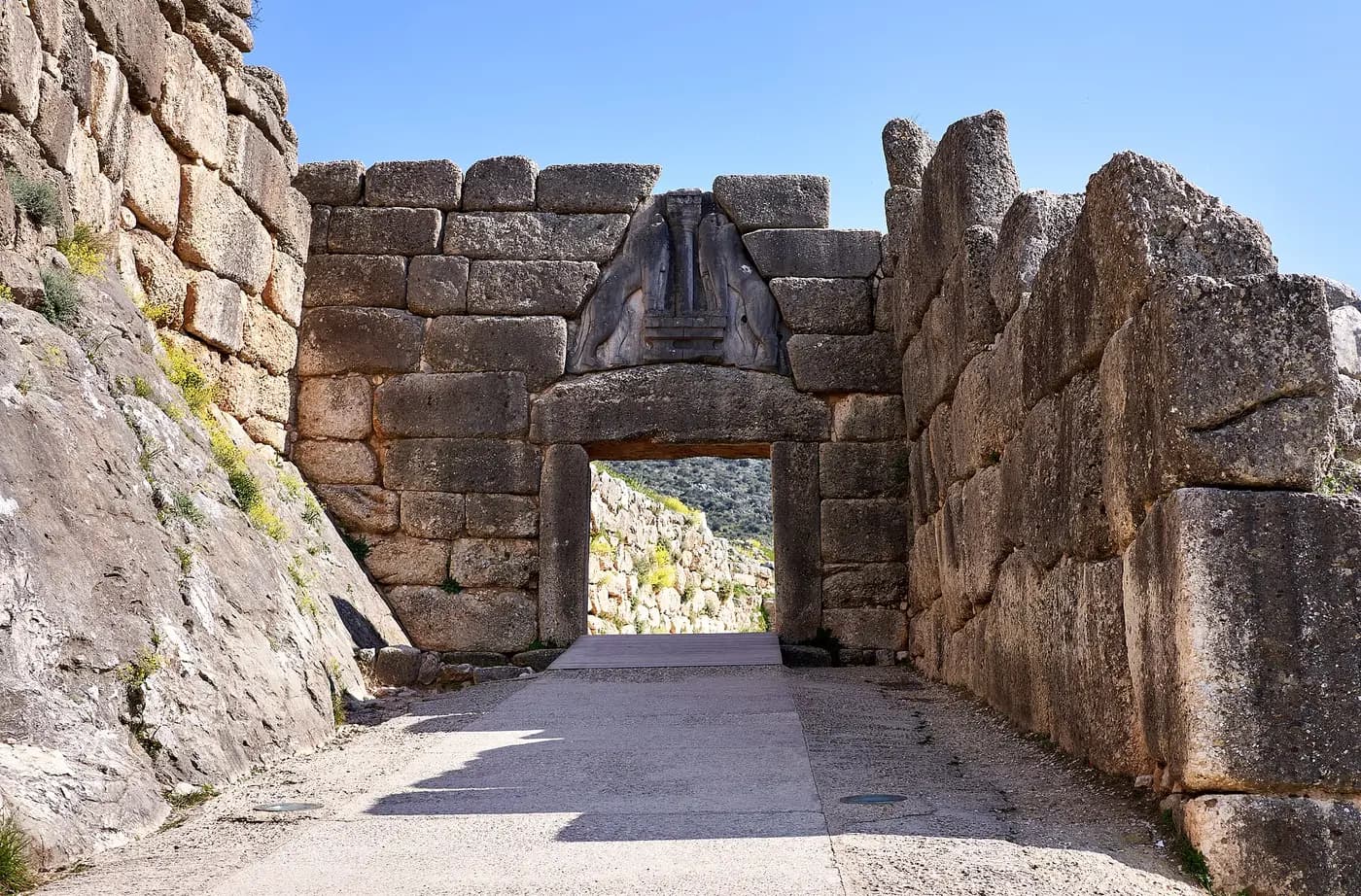 The Lion Gate of Mycenae, two carved lions above a doorway set in massive Cyclopean walls