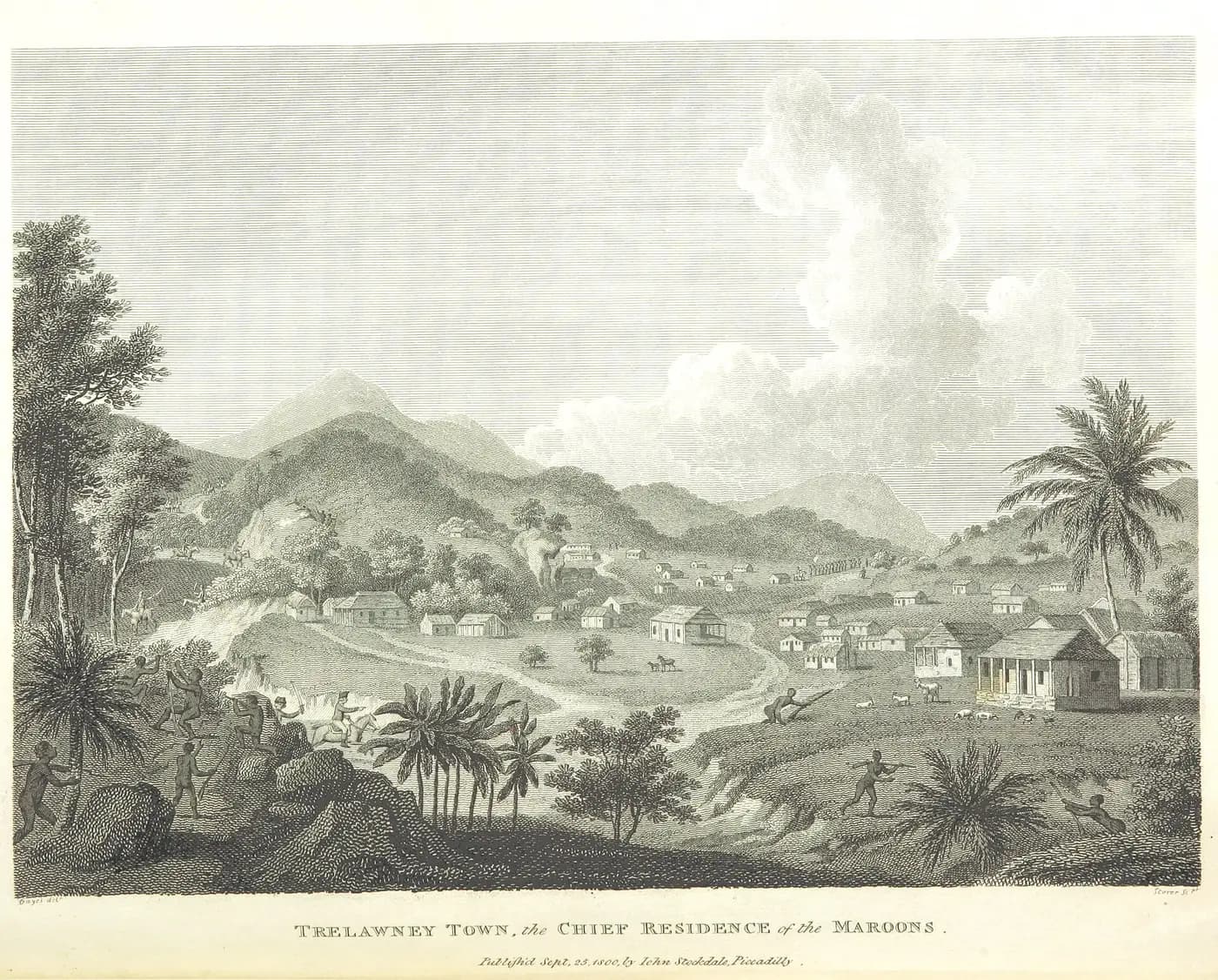 Engraving of Trelawny Town, a Maroon settlement of thatched houses in Jamaica's wooded hills, published 1801