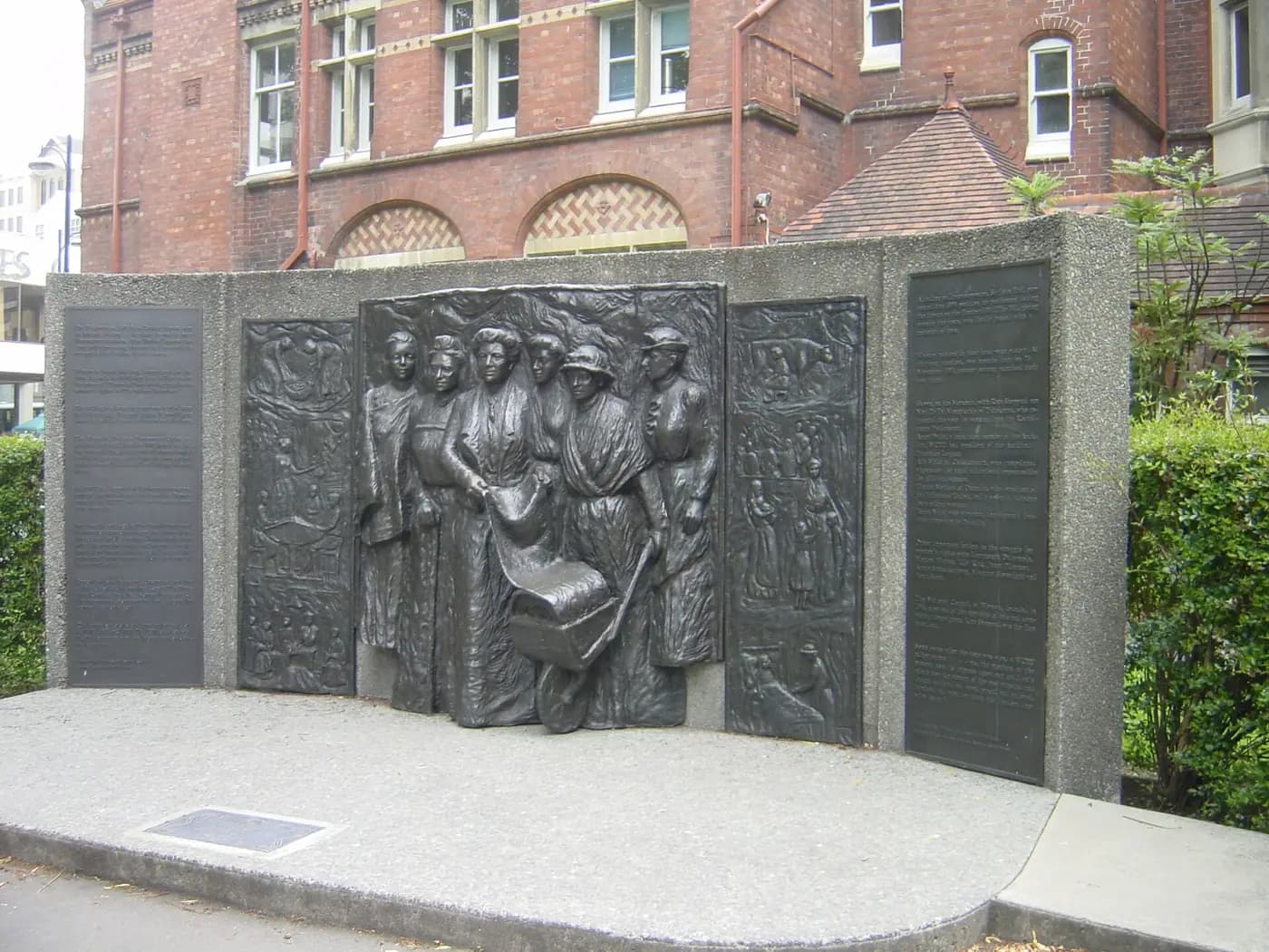The bronze relief of Kate Sheppard and fellow suffragists on the national suffrage memorial in Christchurch