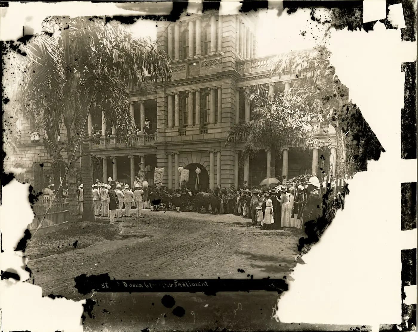 Queen Liliuokalani leaving Aliiolani Hale in Honolulu in 1893, the year of the overthrow