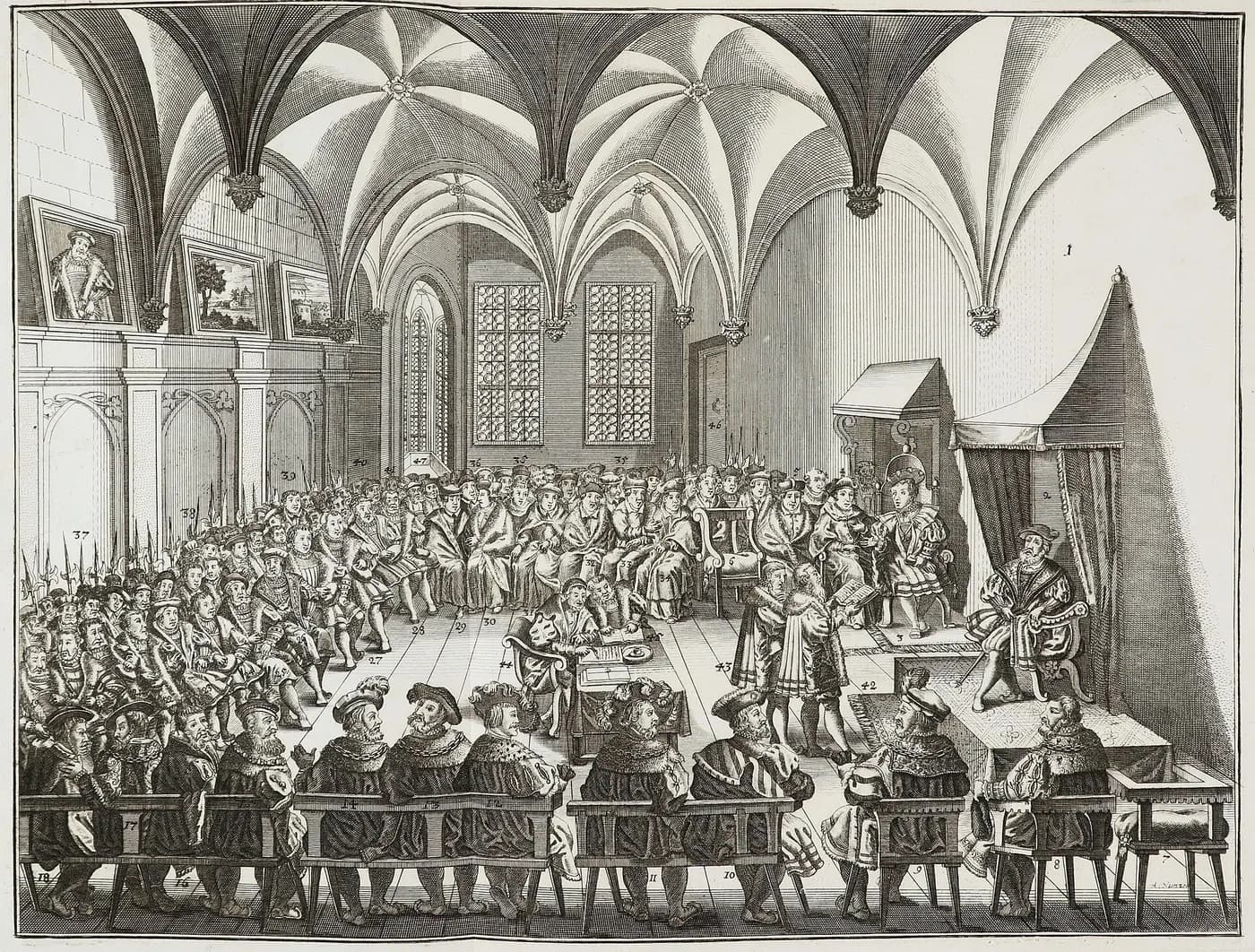 Engraving of the Augsburg Confession being presented to Emperor Charles V in a vaulted hall in 1530