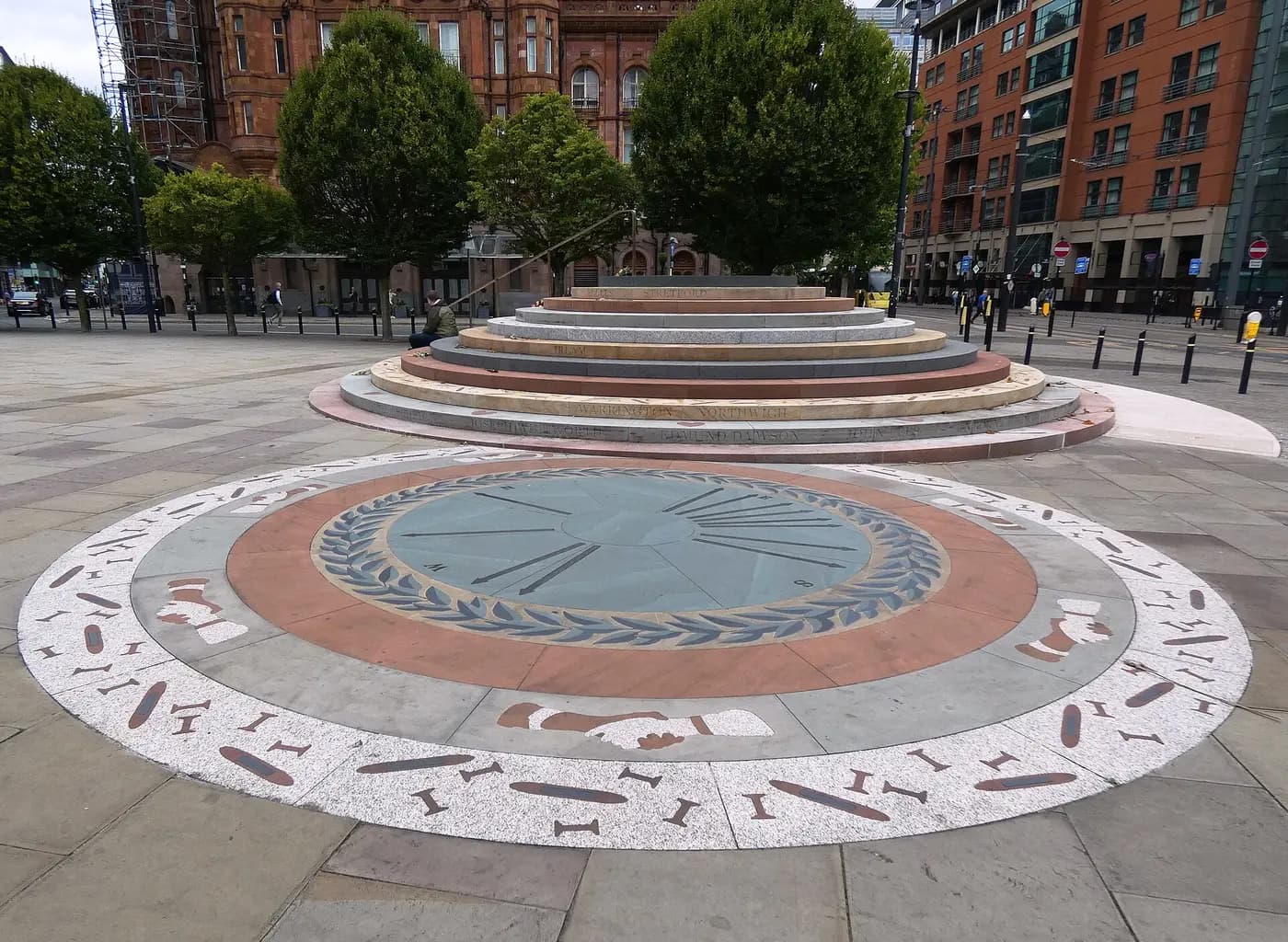 Jeremy Deller's stepped circular Peterloo Memorial in Manchester, inscribed with the names of the dead