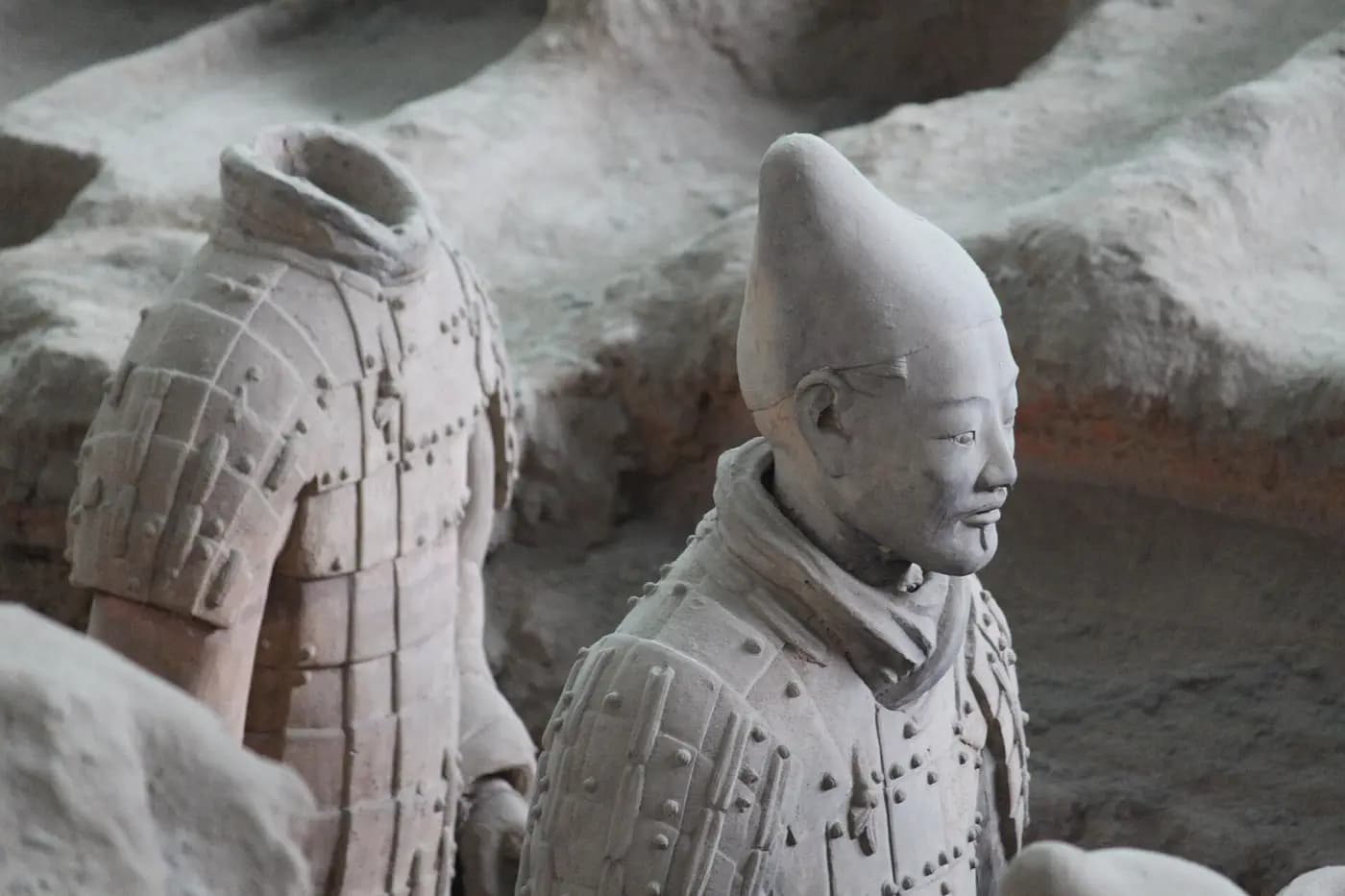 Ranks of terracotta soldiers standing in Pit 1 near Xi'an