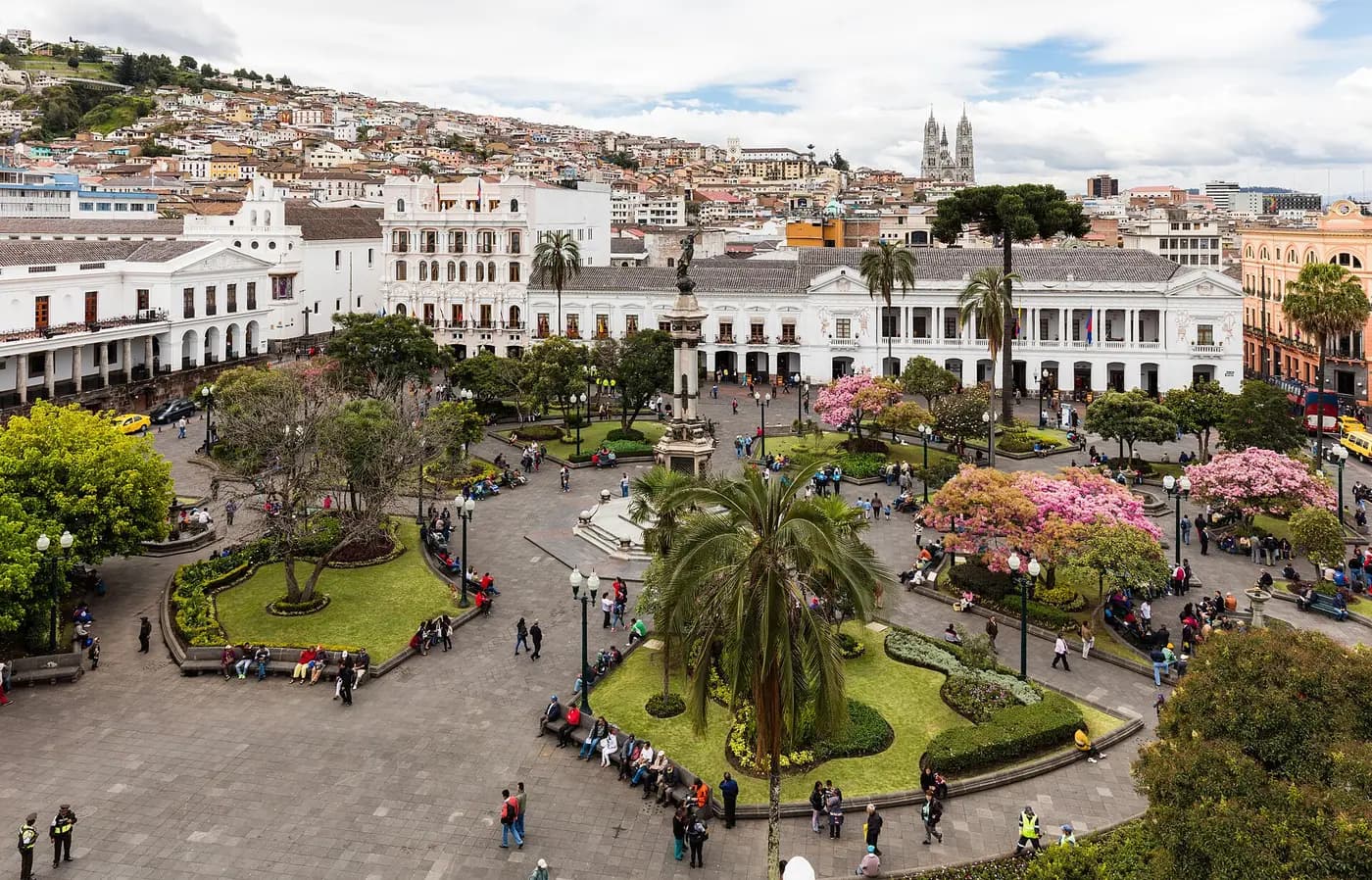 Quito's Plaza Grande seen from above, with the Independence monument and colonial buildings around it