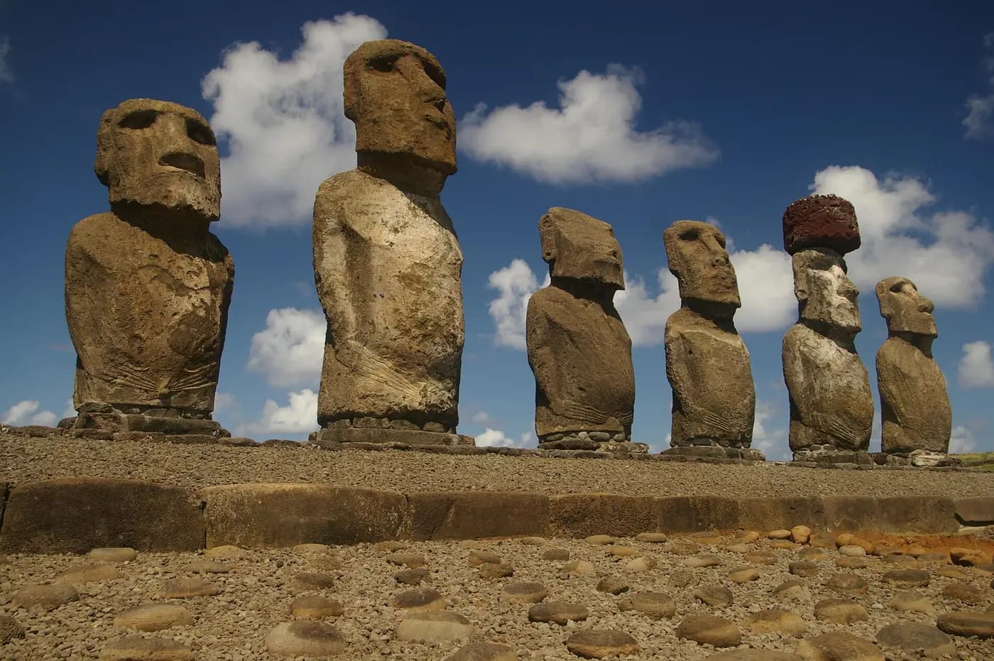 A row of restored moai statues on Ahu Tongariki, Rapa Nui