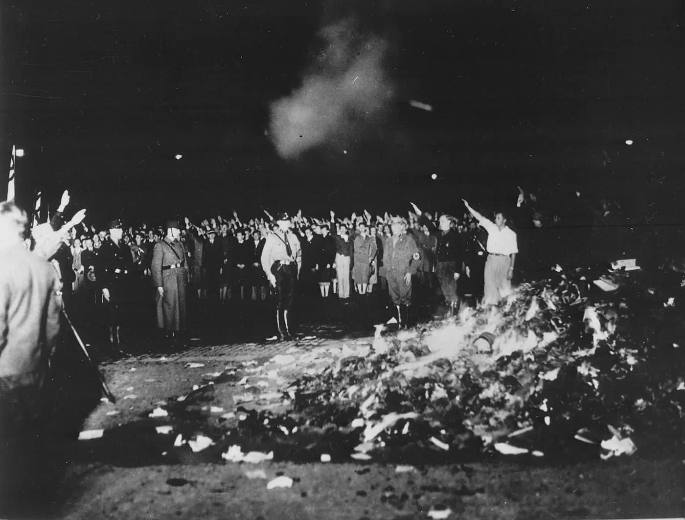 Students and SA men burning books on Berlin's Opernplatz, today Bebelplatz, on the night of 10 May 1933