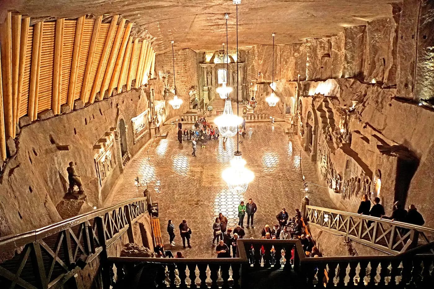 The vast underground Chapel of St Kinga in the Wieliczka salt mine, lit by salt-crystal chandeliers