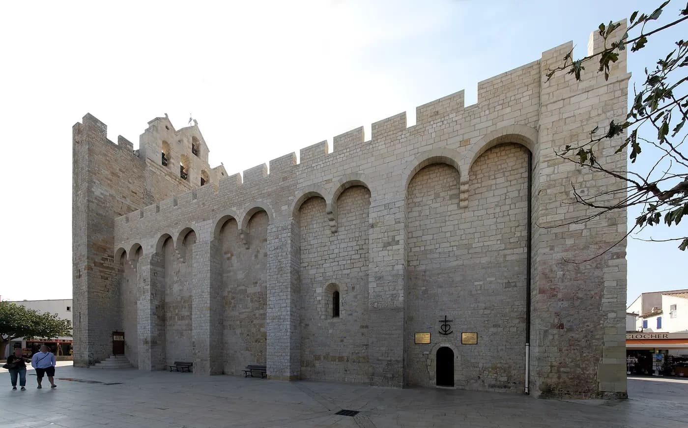 The fortified Romanesque church of Notre-Dame-de-la-Mer, with crenellated walls, in Saintes-Maries-de-la-Mer