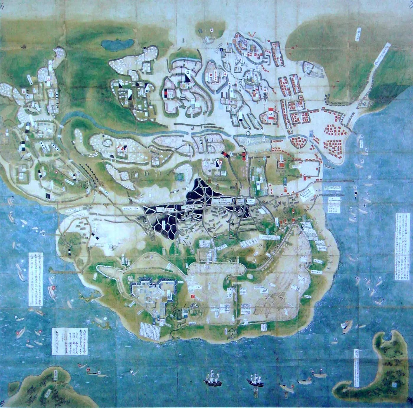 A 17th-century painted map of Hara Castle on its headland, ringed by the besieging armies' camps