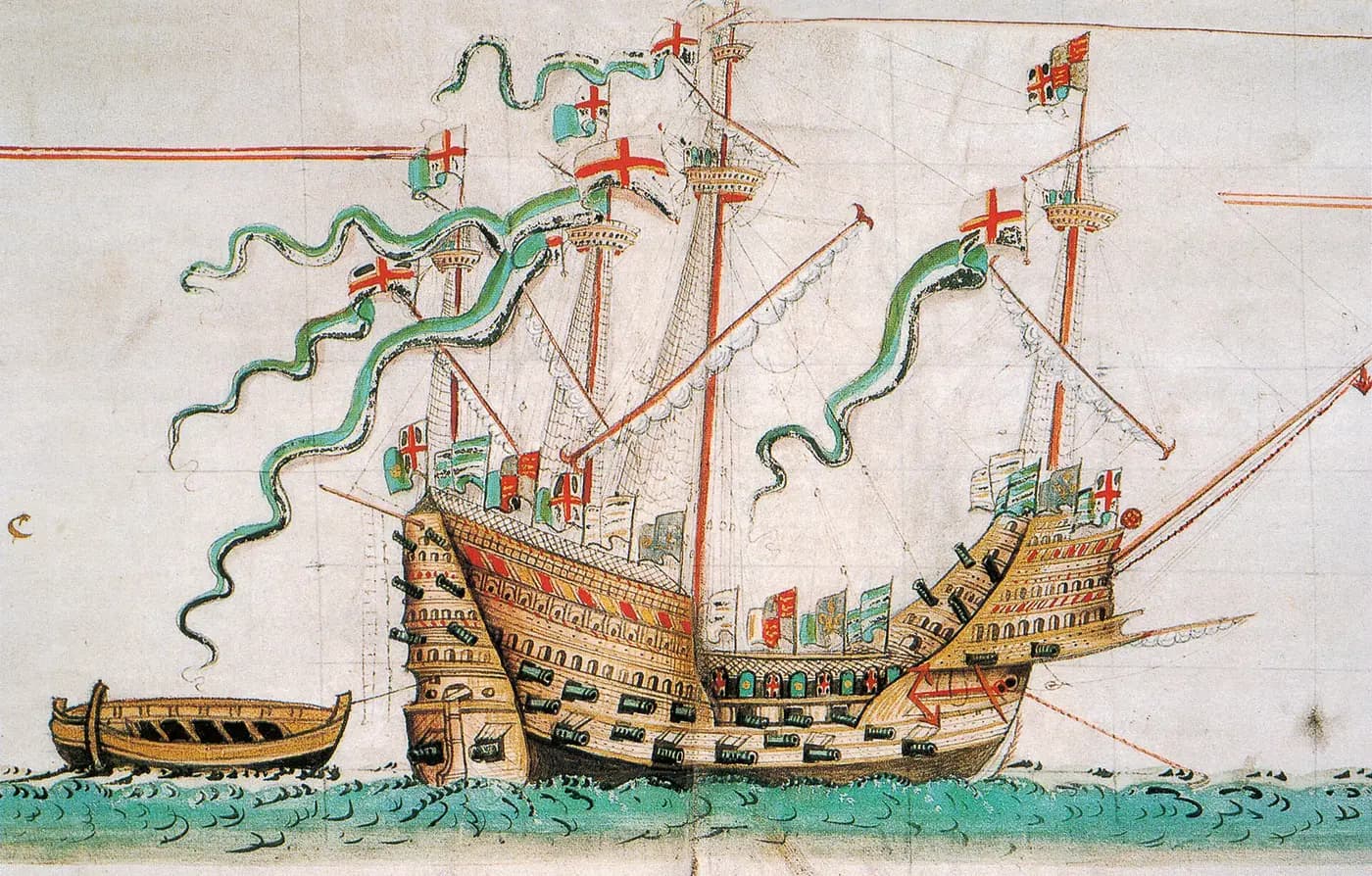 The Mary Rose under sail with Tudor flags and streamers, as drawn in the Anthony Roll of 1546
