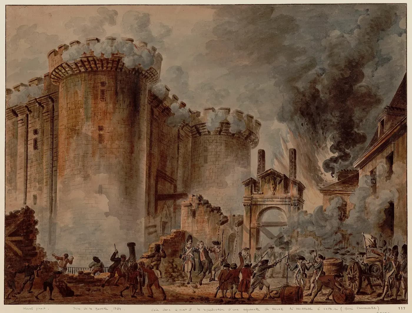 An eighteenth-century painting of the crowd attacking the Bastille fortress on 14 July 1789