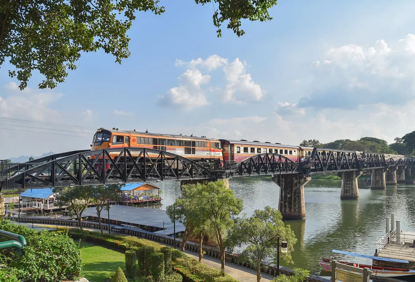 A train crosses the steel bridge over the Khwae Yai river at Kanchanaburi