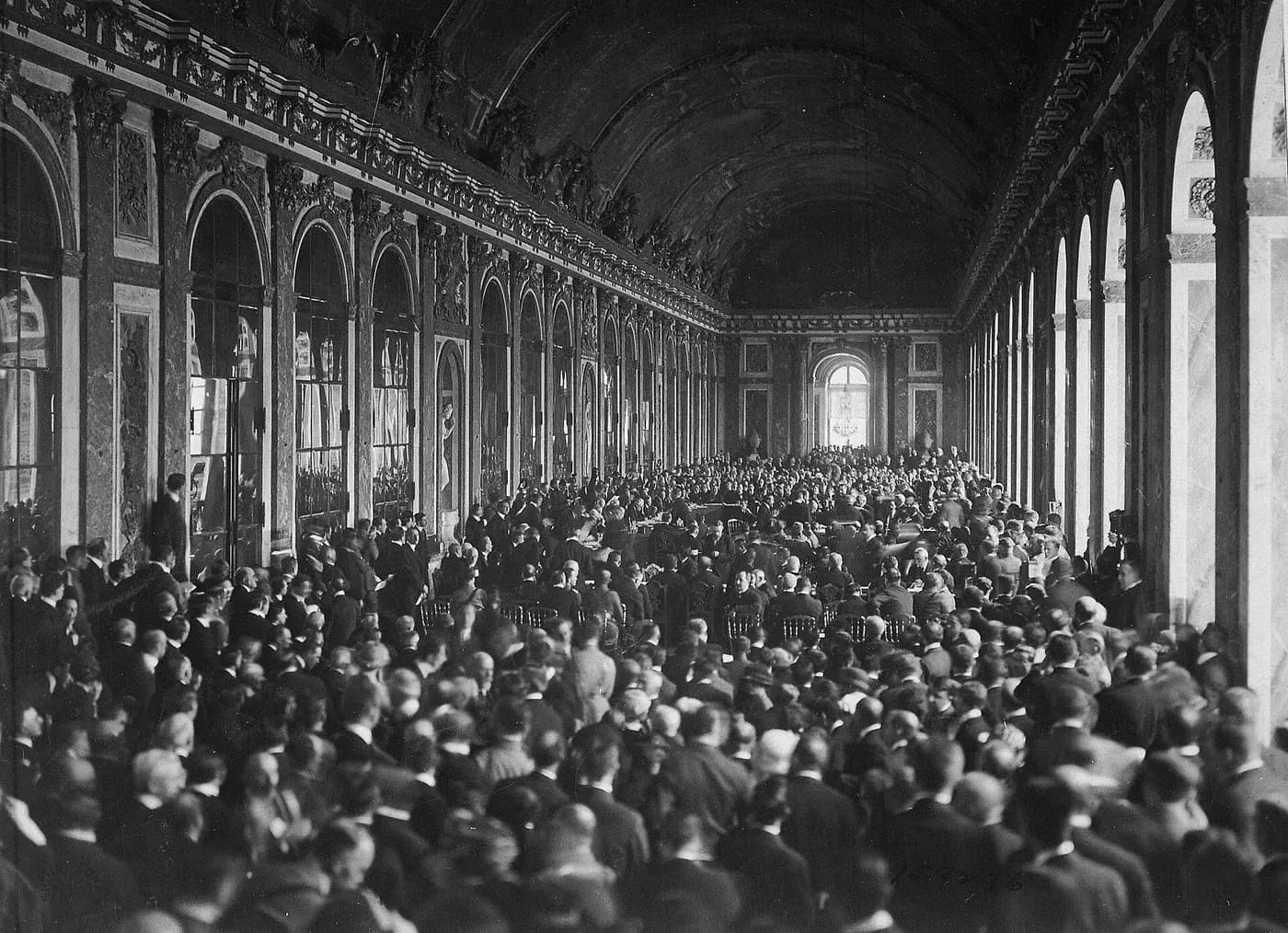 Delegates gathered in the Hall of Mirrors at Versailles for the signing of the treaty in 1919