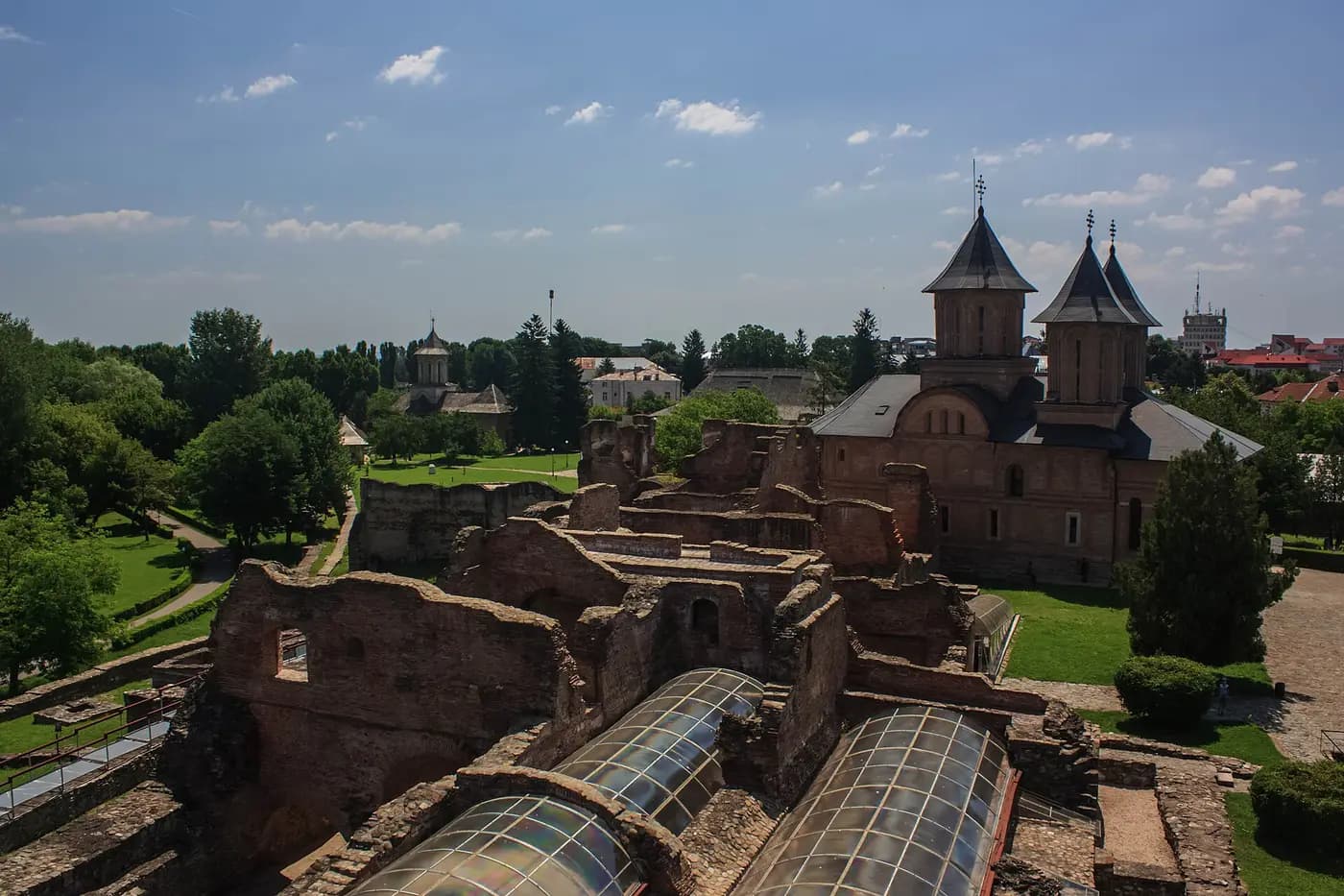 Ruined walls of the Wallachian princes' court at Târgoviște, beside the princely church with twin towers