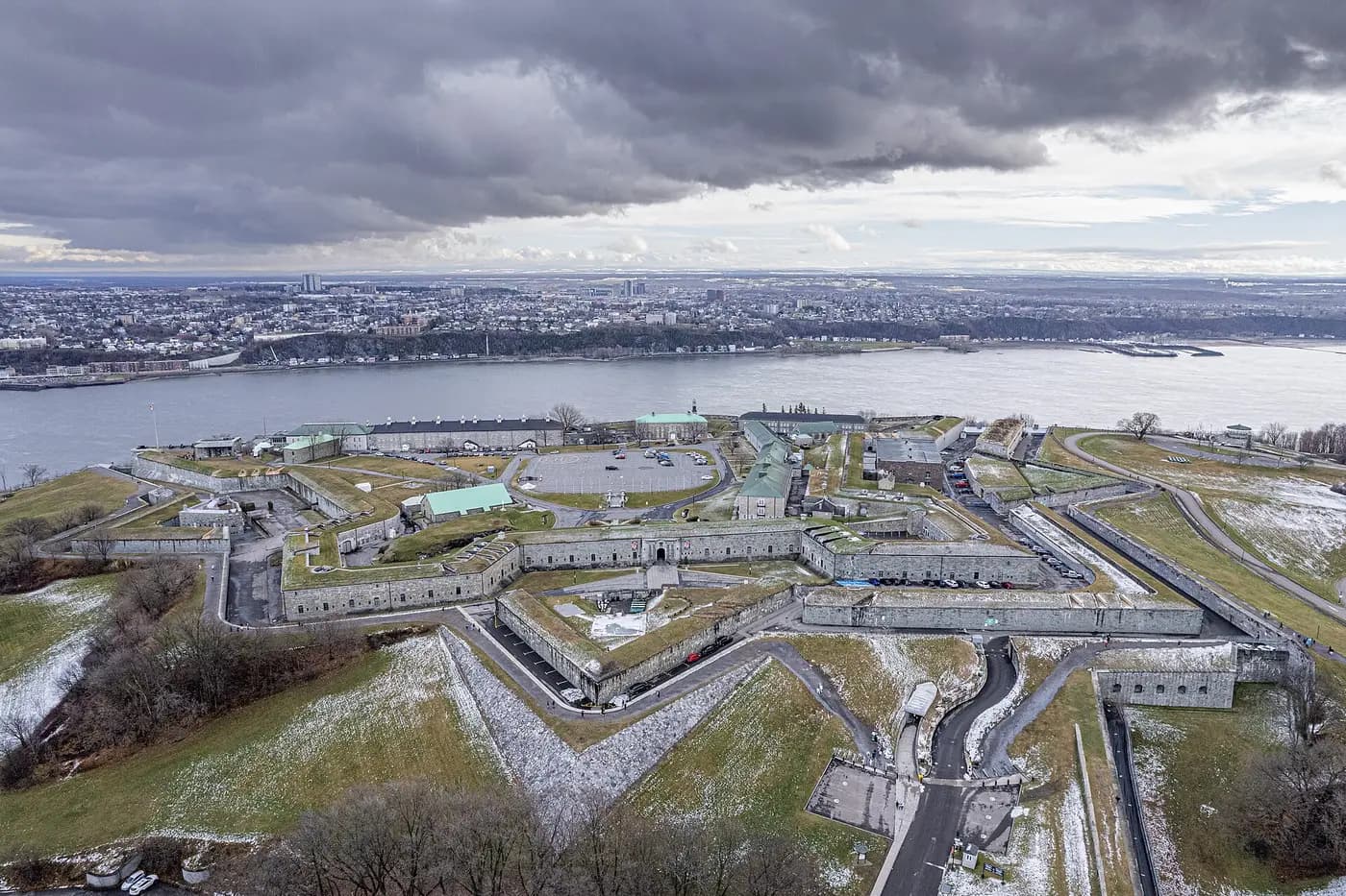 Aerial view of the star-shaped Citadelle of Québec on Cap Diamant above the St Lawrence River