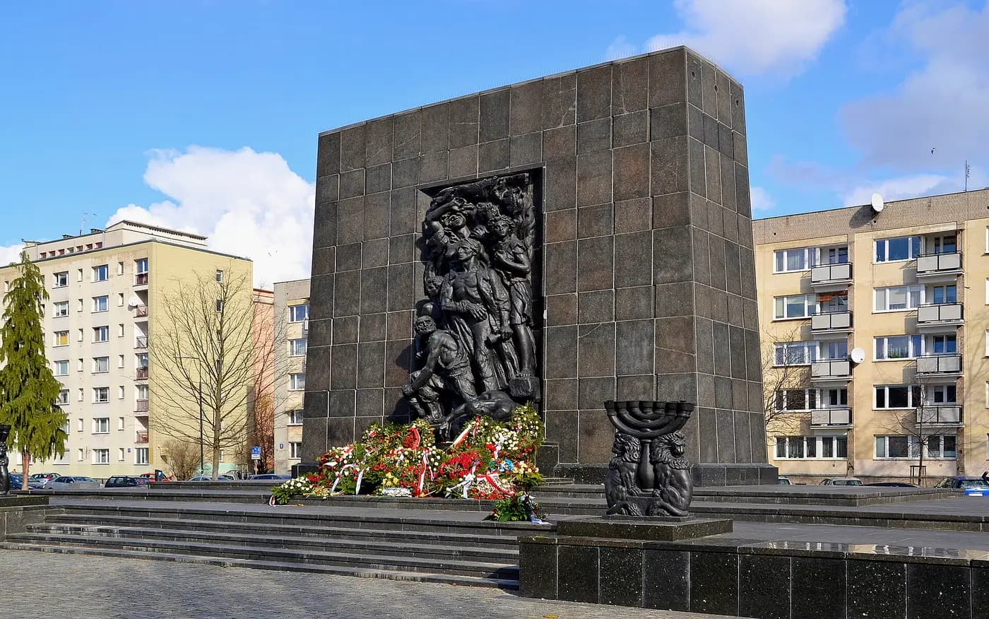 The Monument to the Ghetto Heroes in Warsaw, with its sculpted bronze figures