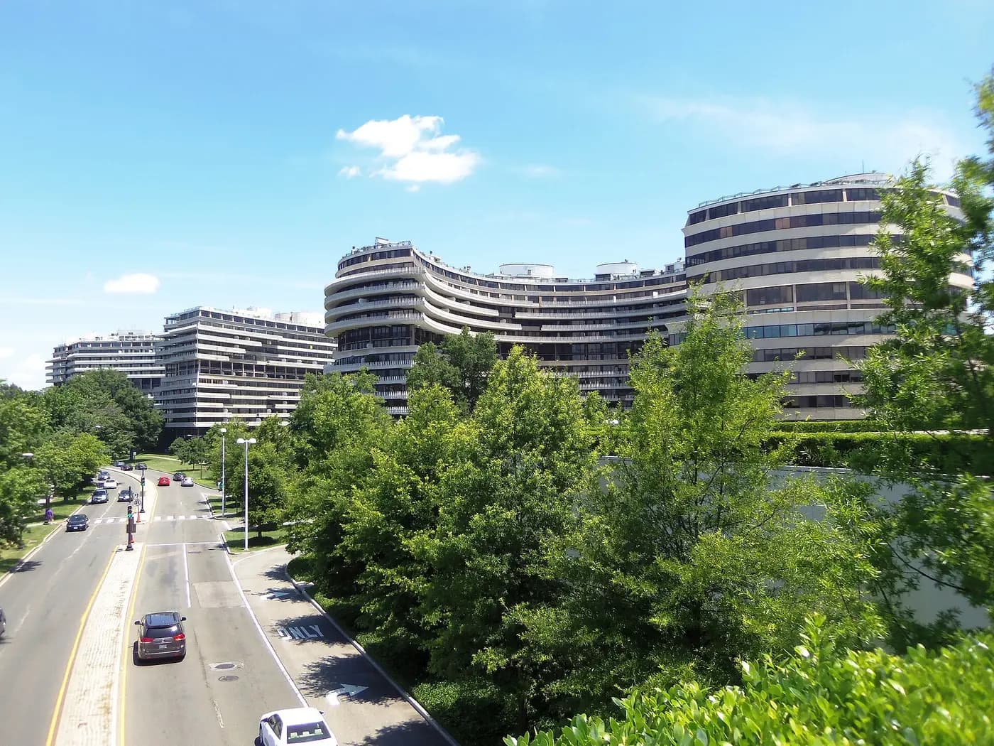 The curving white Watergate complex beside the Potomac, seen from the Kennedy Center