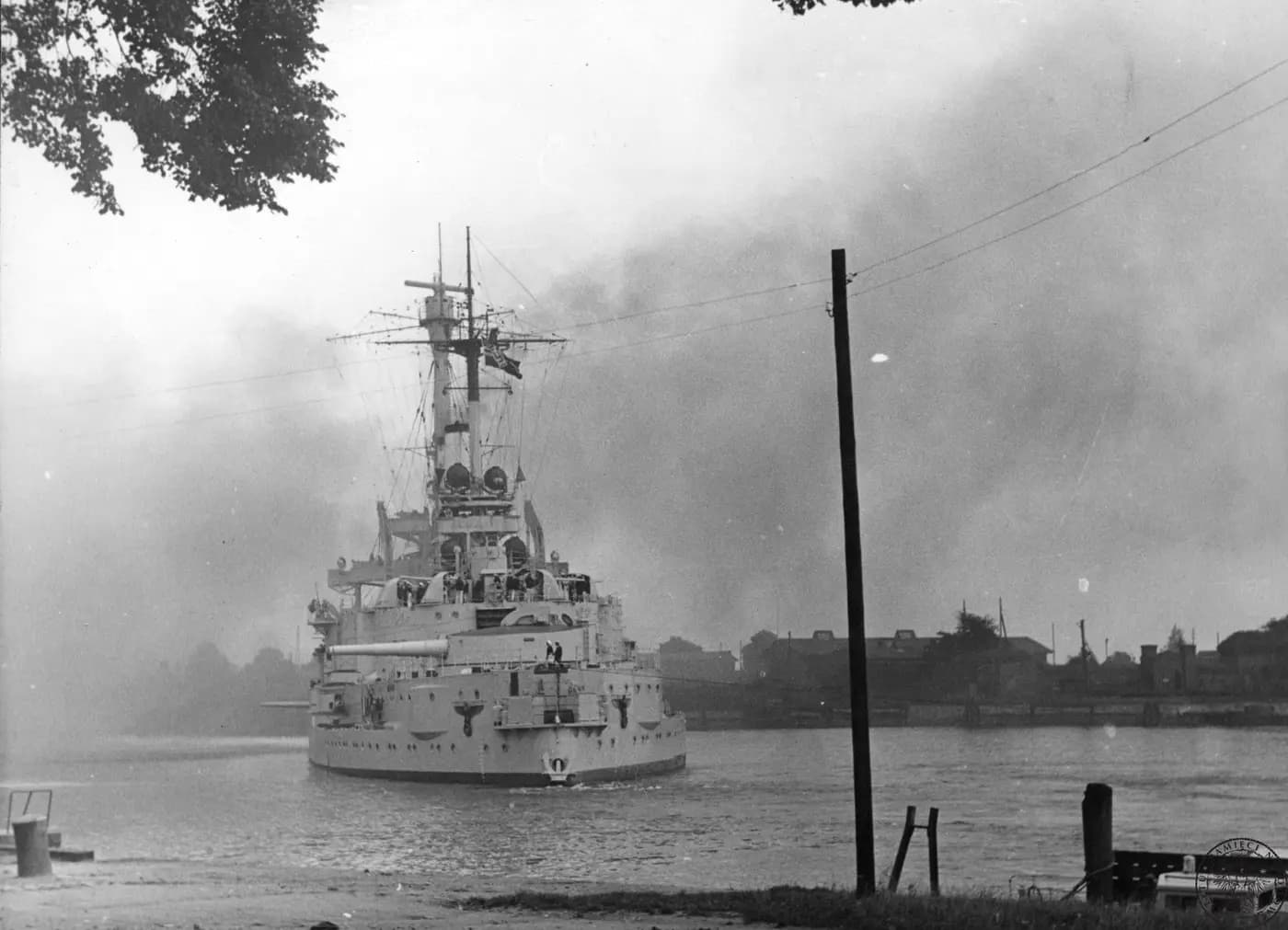 The German battleship Schleswig-Holstein firing on Westerplatte on 1 September 1939
