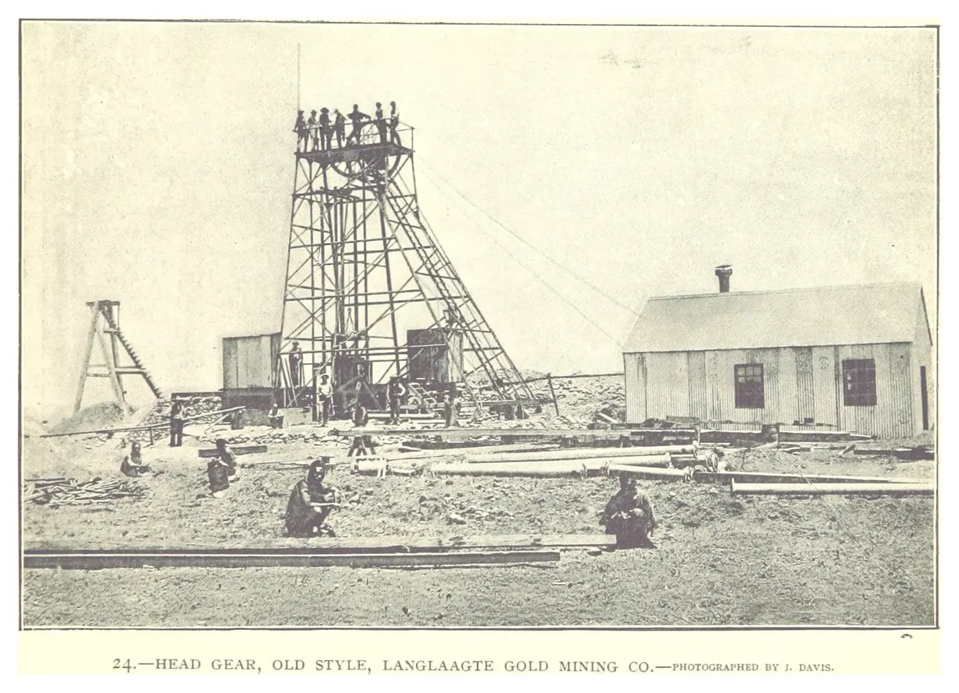 Timber headgear and sheds of the Langlaagte gold mine, photographed in the early 1890s