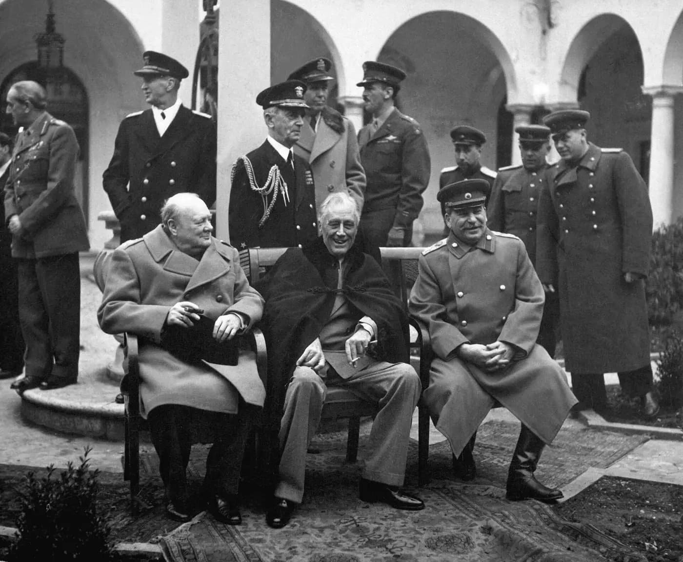 Churchill, Roosevelt and Stalin seated together at the Yalta Conference in February 1945