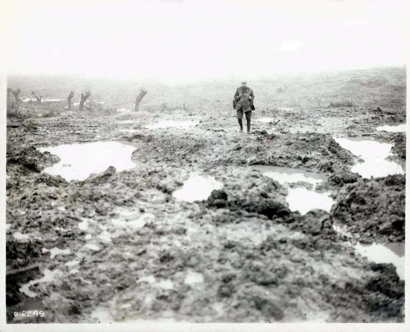 A shell-torn, waterlogged landscape at Passchendaele during the 1917 battle