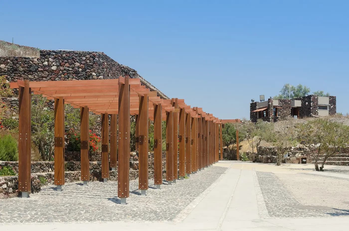 Excavated Bronze Age streets and walls at Akrotiri on Santorini