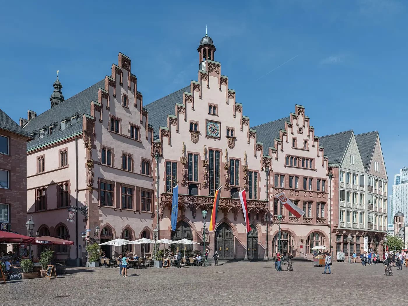 The stepped gables of the Römer, Frankfurt's old town hall, facing the cobbled Römerberg square